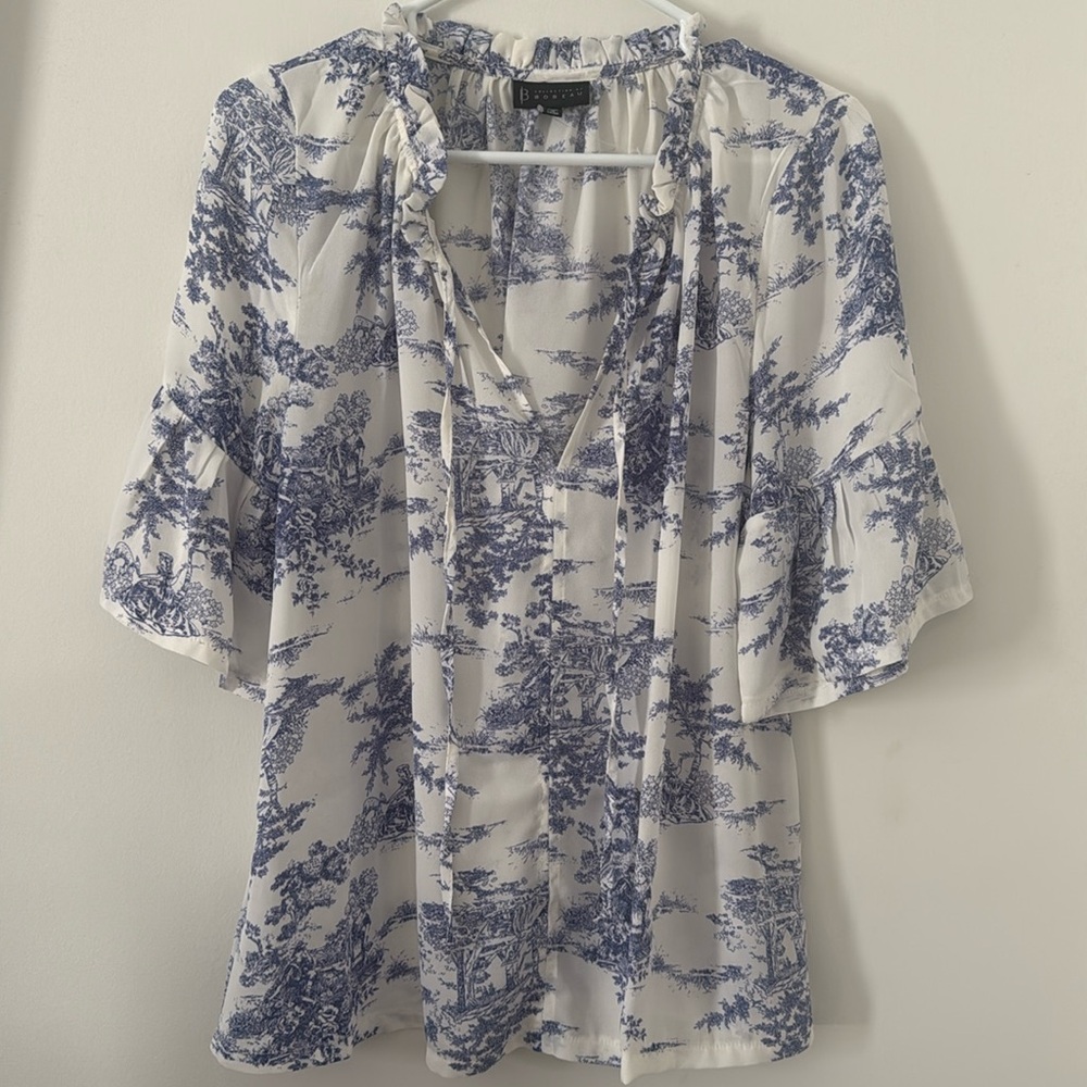 Collection by Bobeau Womens Short Sleeve Blue White Blouse Size XS